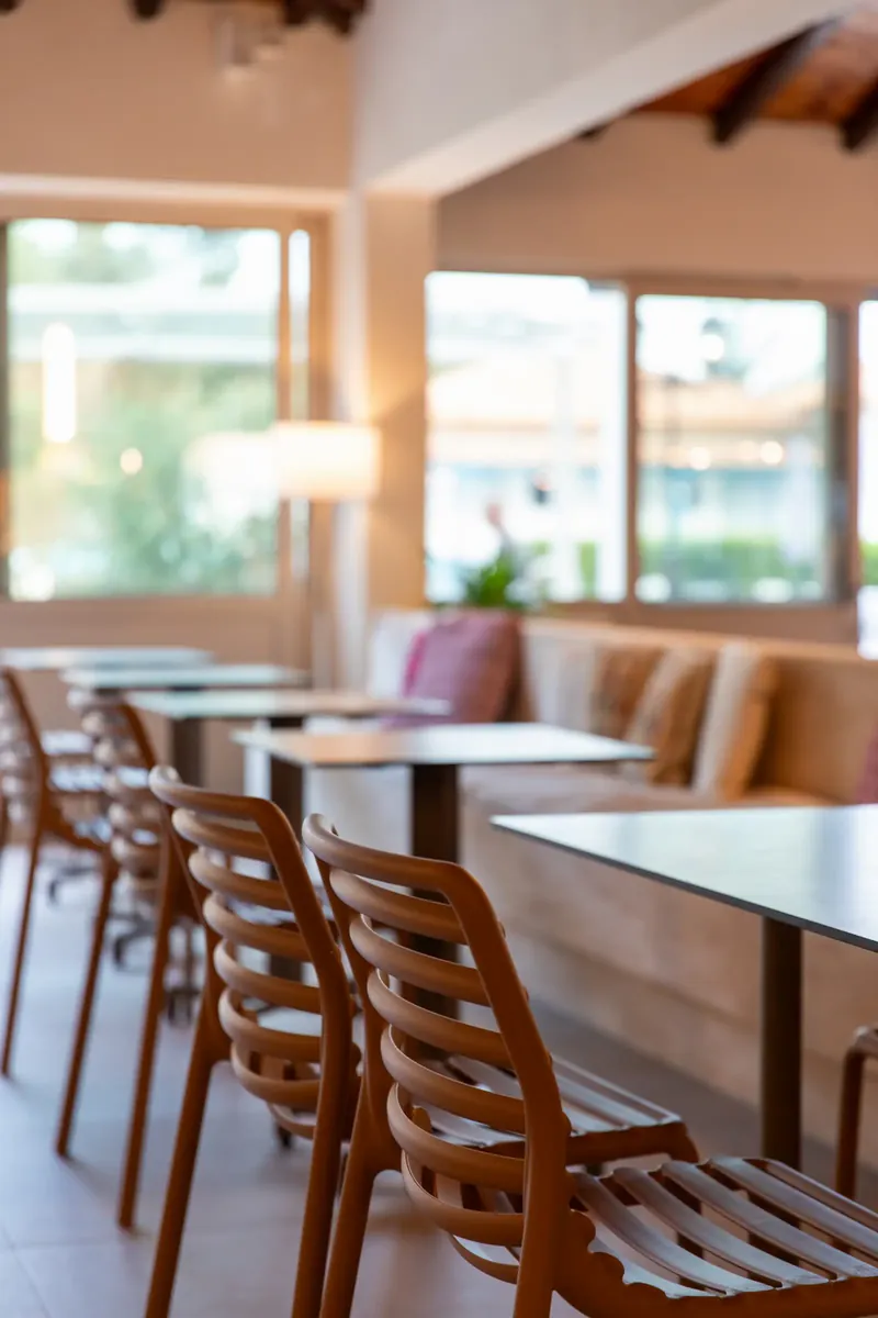 Tables by the lobby windows